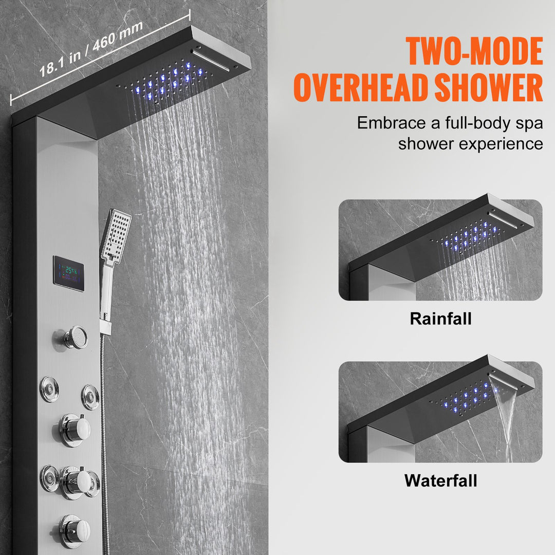 Shower Panel System, 6 Shower Modes, LED &amp; Screen Hydroelectricity Shower Panel Tower, Rainfall, Waterfall, 8 Massage Jets, Tub Spout, Handheld Shower, Stainless Steel Wall-Mounted Shower Set