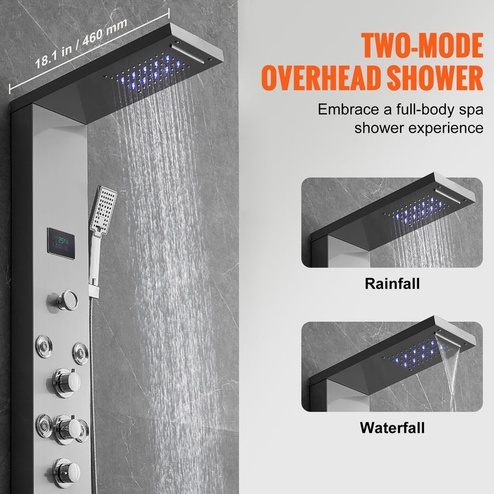 Shower Panel System, 6 Shower Modes, LED &amp; Screen Hydroelectricity Shower Panel Tower, Rainfall, Waterfall, 8 Massage Jets, Tub Spout, Handheld Shower, Stainless Steel Wall-Mounted Shower Set