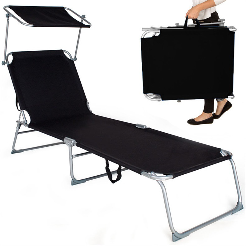 Outdoor Folding Lounge Chair with Awning – Tri-Fold Camping Bed
