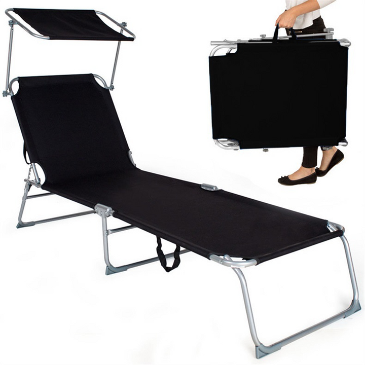 Outdoor Folding Lounge Chair with Awning – Tri-Fold Camping Bed