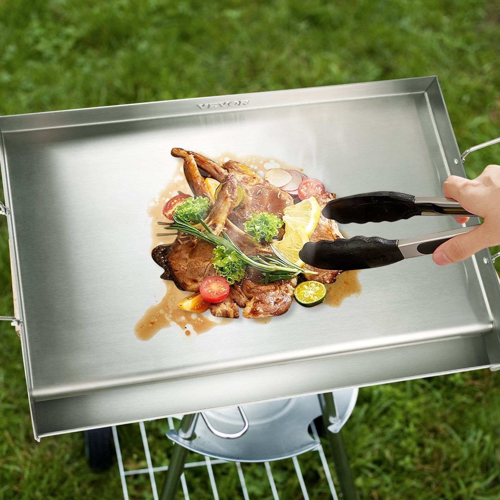 Stove Top Griddle, 23.5"x16" Pre-Seasoned Stainless Steel Griddle, Rectangular Double Burner Griddle Pan, Non-Stick Family Pan Cookware With Handles And Oil Groove, For BBQ, Gas Grills, Silver