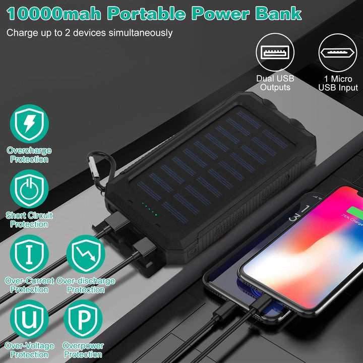 10,000mAh Solar Power Bank | Dual USB, SOS LED Flashlight &amp; Compass | Camping &amp; Hiking