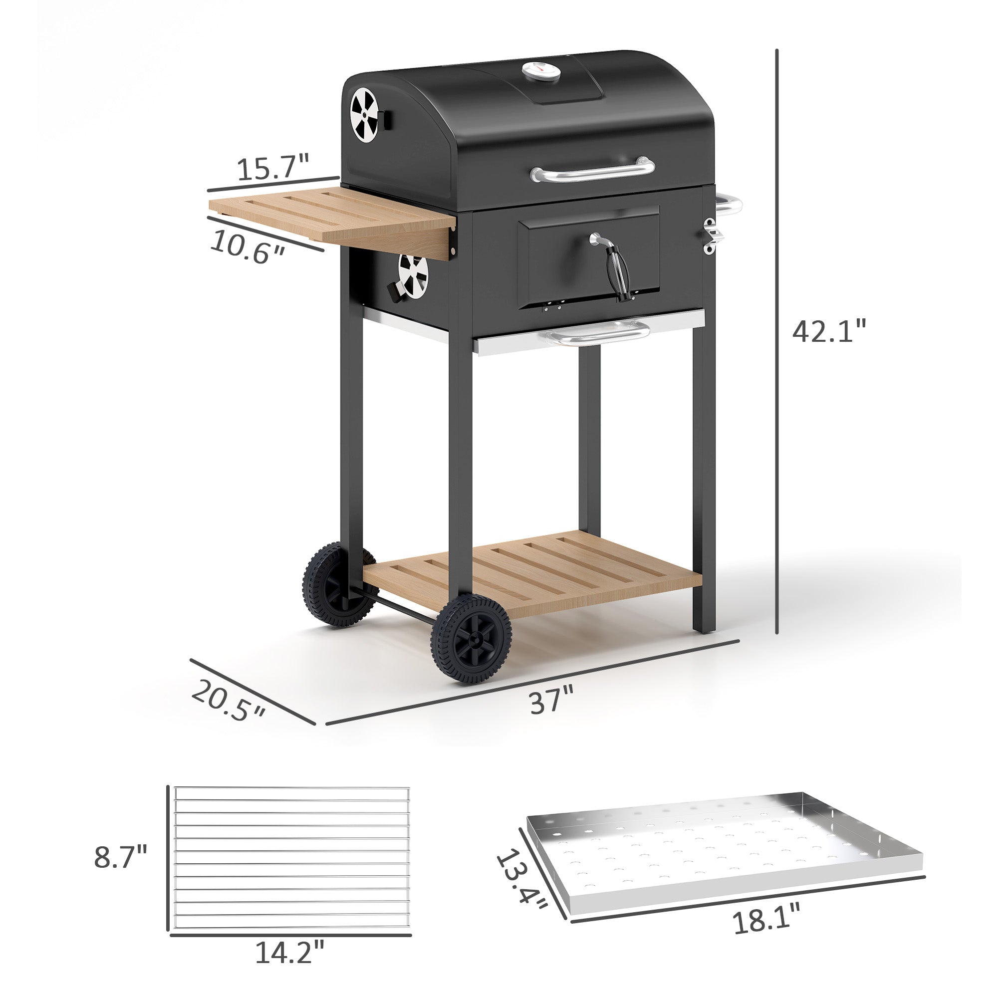 Charcoal BBQ Grill, Outdoor Portable Cooker for Camping or Backyard Picnic, Barbecue Grill with Side Table, Bottom Storage Shelf, Wheels and Handle, Black