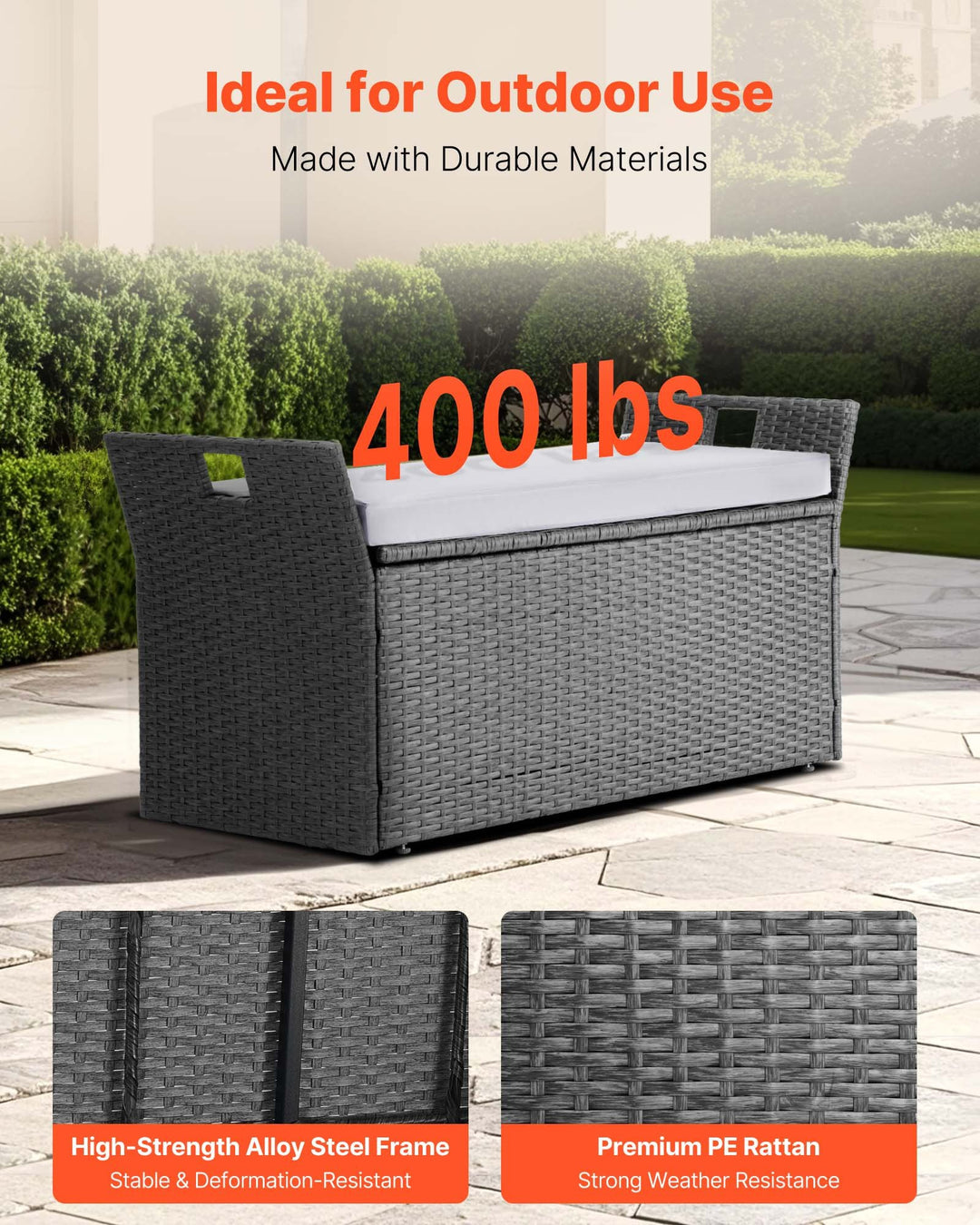 Outdoor Storage Bench with Cushion – 40-Gal PE Rattan Deck Box