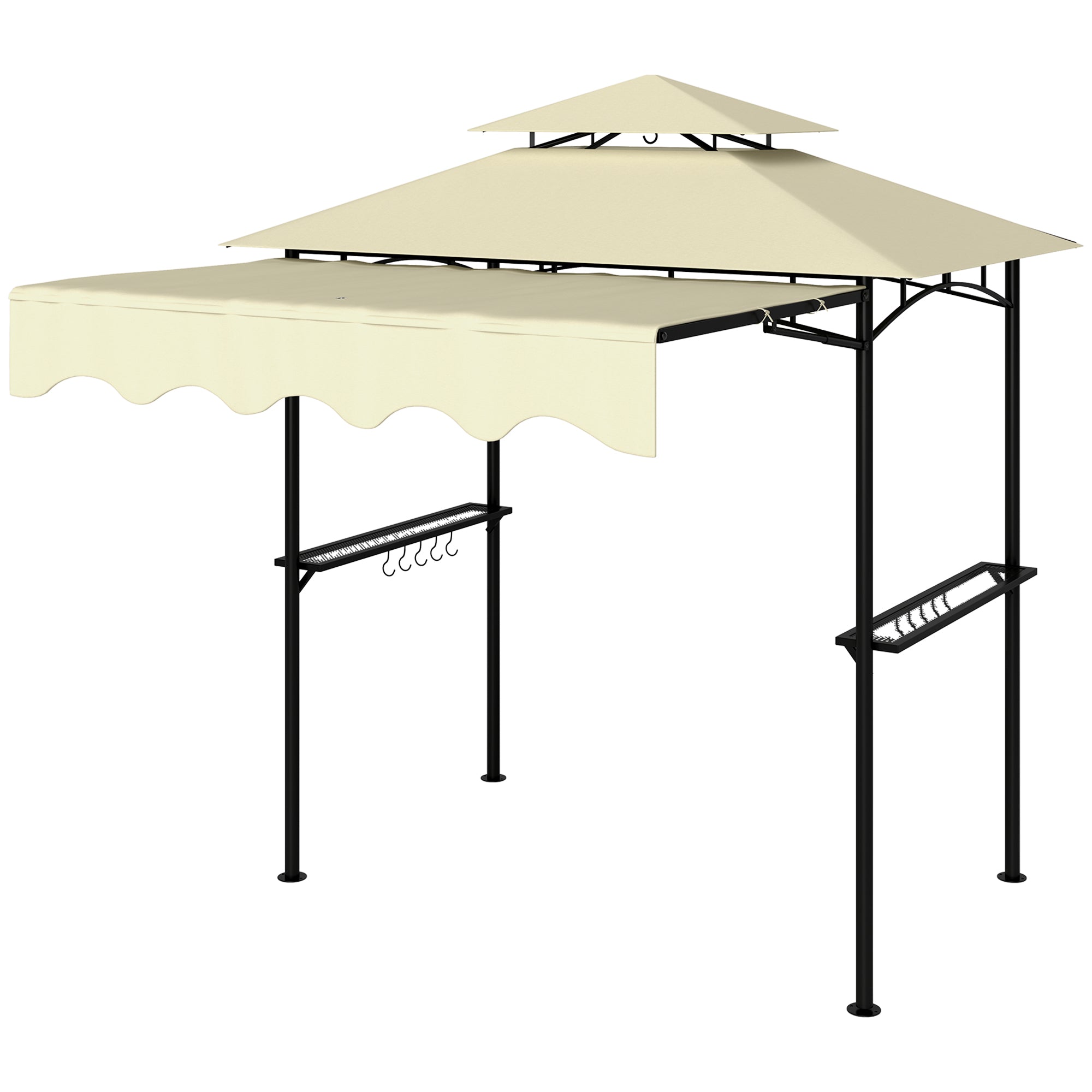8' x 5' Outdoor Grill Gazebo, Barbecue Gazebo Shelter with Side Awning, 2 Side Shelves and 6 Hooks, Beige