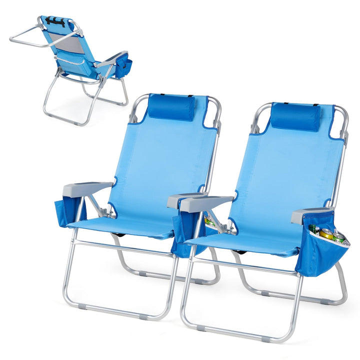 VINGLI Tall Beach Chair 2 Pack with 5-Position Cooler Bag Cup Holders Towel Bar Lightweight Folding Beach Camping Chairs for Adults(Blue-16)