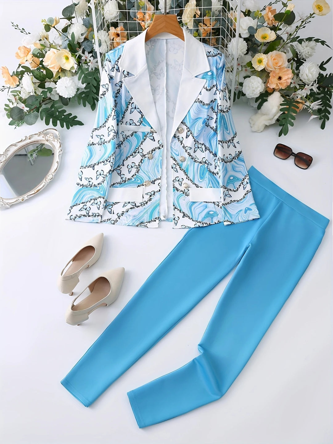 Blue Butterfly Marble Print Two-Piece Suit Set