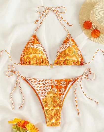 Printed Bandage Split Bikini Set