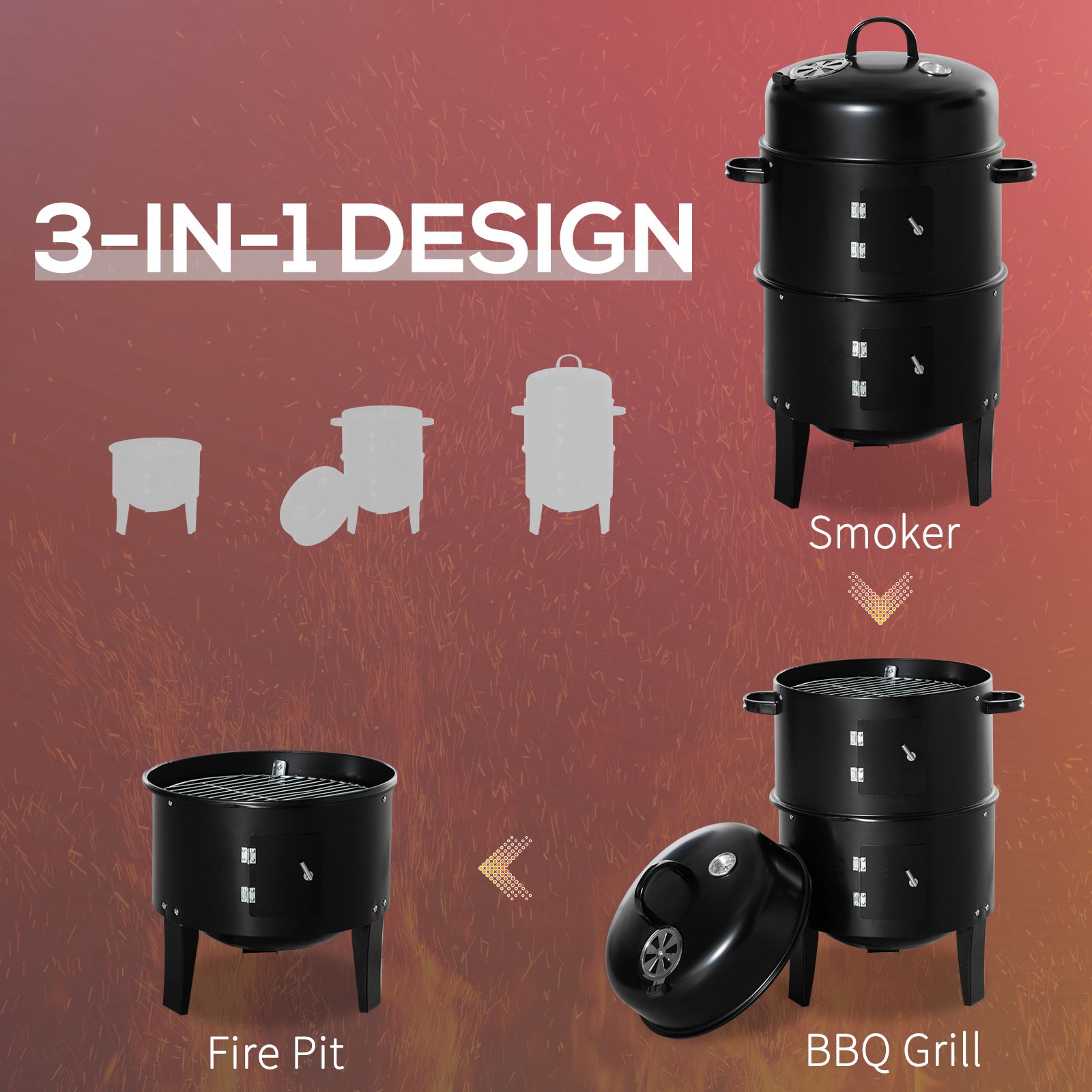 3-in-1 Vertical Charcoal BBQ Smoker Grill with 2 Cooking Areas and Thermometer