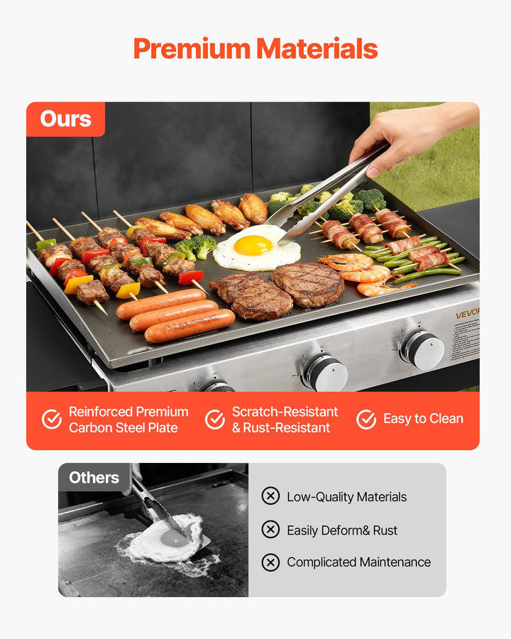 Gas Griddle, 3-Burner Flat Top Grill, Propane Griddle With Wheels, Lid, 3 X 11000 BTU Outdoor Flat Top Grills For Pan-Frying, Grilling, Stir-Frying, &amp; BBQ, Pulse Ignition, Removable Top Design