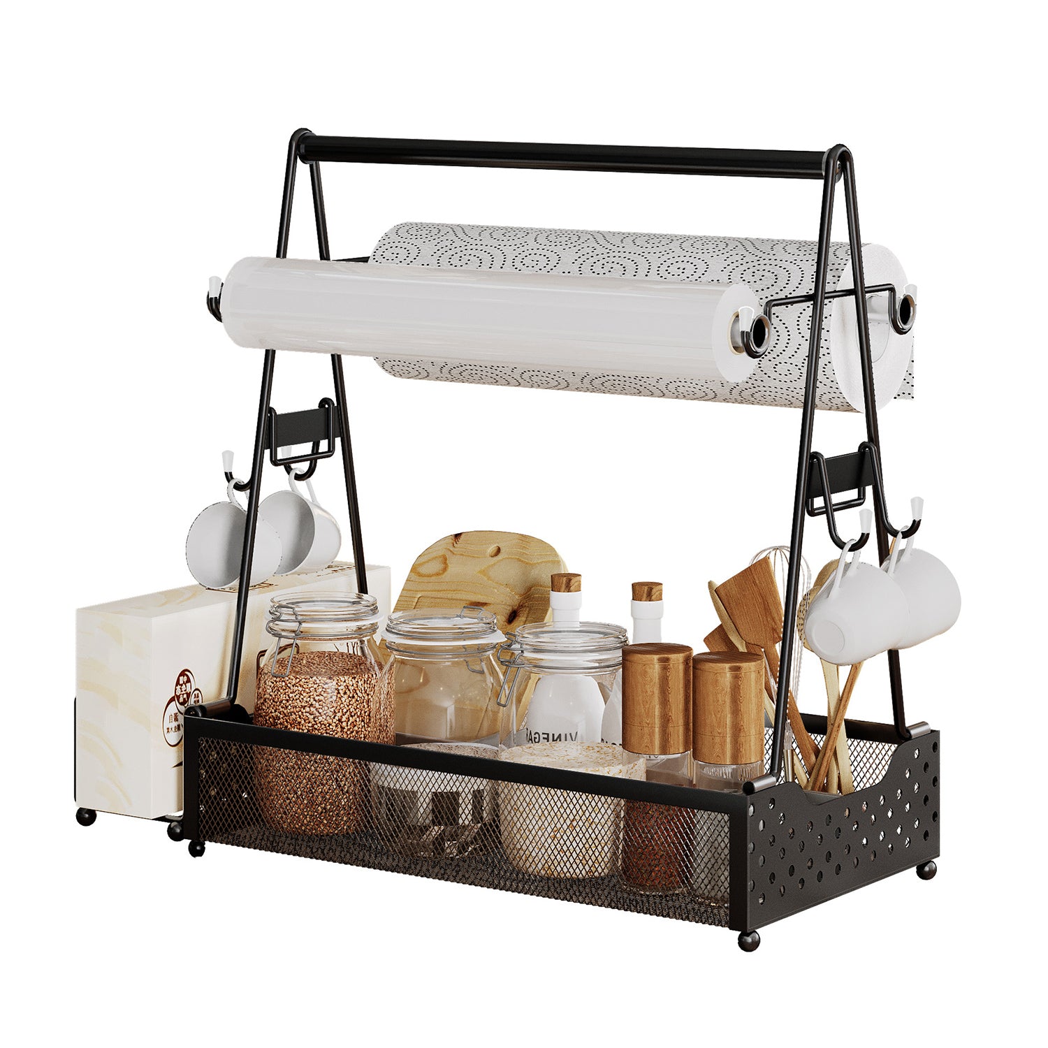 Metal Grill Caddy & Utensil Organizer with Paper Towel Holders, Side Basket & Hooks for Outdoor BBQ, Camping & Kitchen