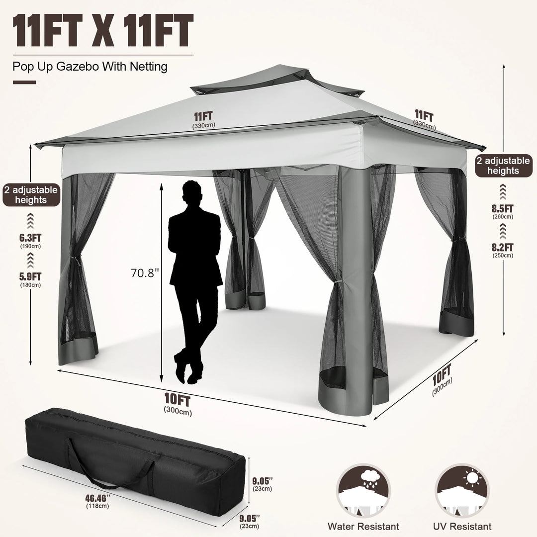 11x11 ft Pop-Up Gazebo Pavilion with Mosquito Netting | Outdoor Canopy Tent with Carry Bag | Garden, Backyard &amp; Patio