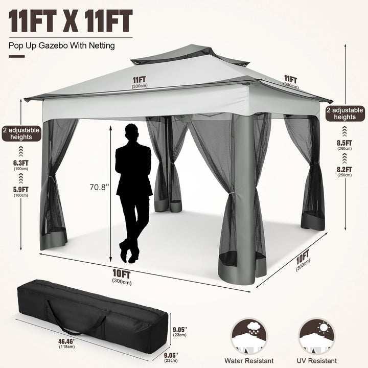 11x11 ft Pop-Up Gazebo Pavilion with Mosquito Netting | Outdoor Canopy Tent with Carry Bag | Garden, Backyard &amp; Patio