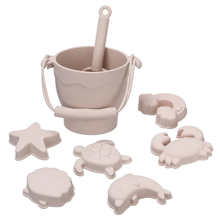 8-Piece Silicone Beach Toy Set | Bucket, Shovel &amp; Sand Molds