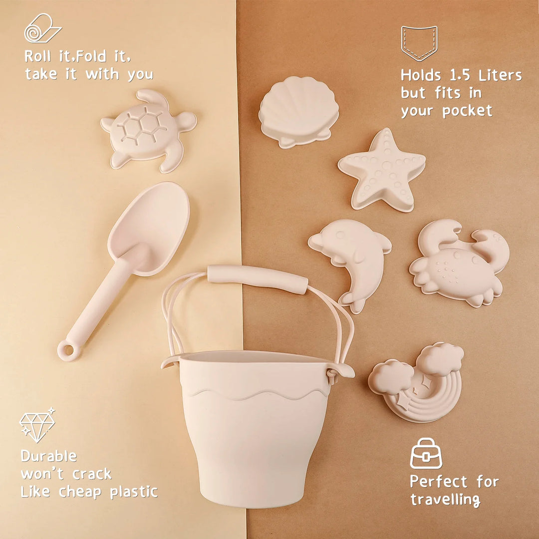 8-Piece Silicone Beach Toy Set | Bucket, Shovel &amp; Sand Molds