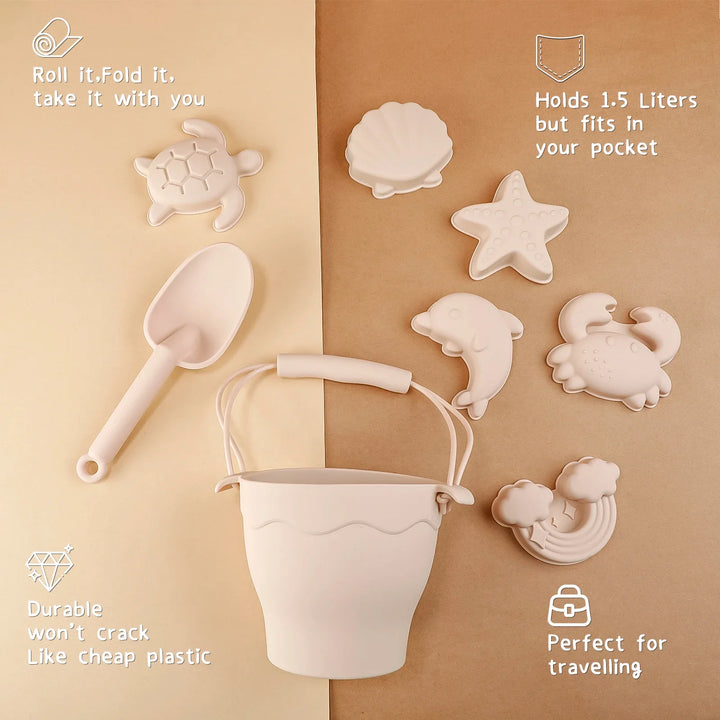 8-Piece Silicone Beach Toy Set | Bucket, Shovel &amp; Sand Molds