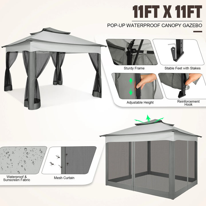 11x11 ft Pop-Up Gazebo Pavilion with Mosquito Netting | Outdoor Canopy Tent with Carry Bag | Garden, Backyard &amp; Patio