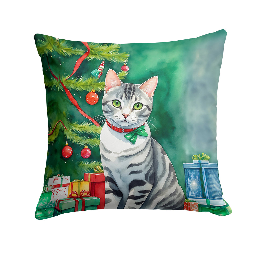 American Shorthair Cat By the Christmas Tree Throw Pillow-0