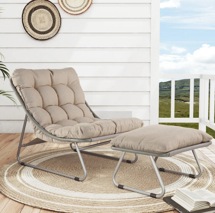 Outdoor Lounge Chair with Foot Stool, Comfy Sling Recliner Chair with Puffy Cushion and Foot Rest, Modern Patio Furniture Set
