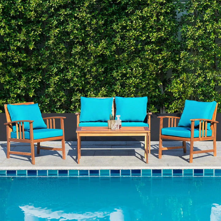 4pcs Wooden Patio Furniture Set Table &amp; Sectional Sofa w/ Turquoise Cushion