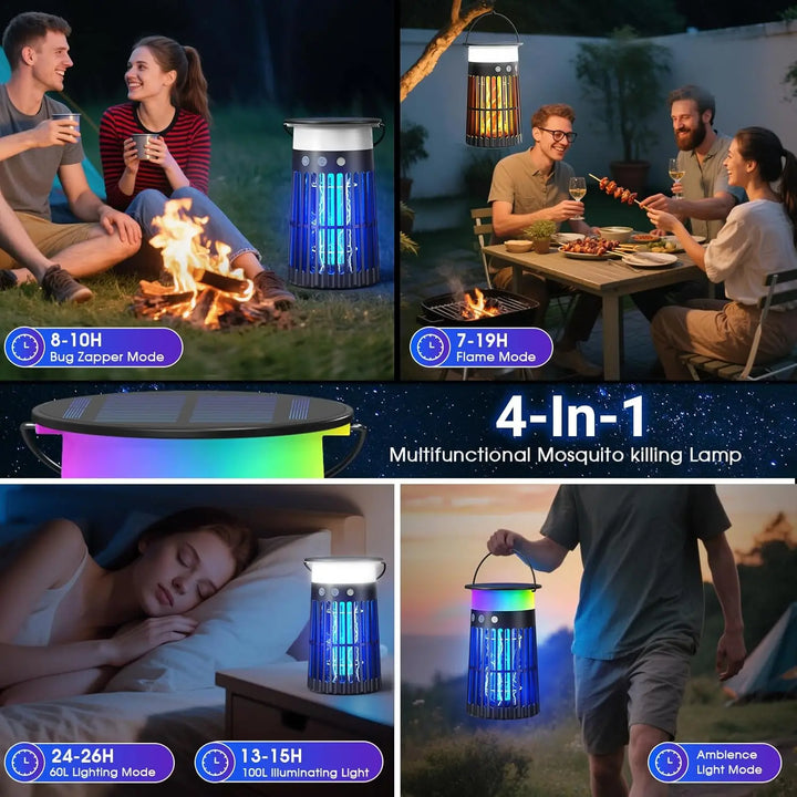 Solar Bug Zapper Outdoor, Portable Electric Mosquito Killer Rechargeable Insect Trap with LED Night Light and Flame Effect