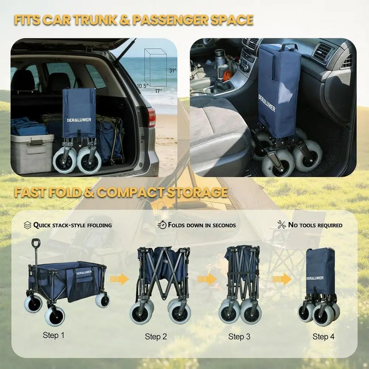X800 Heavy-Duty Beach Wagon — 9"x4" Sand-Proof PU Wheels, 300L Oversized Foldable Cart with Side Bag | All-Terrain Utility Wagon