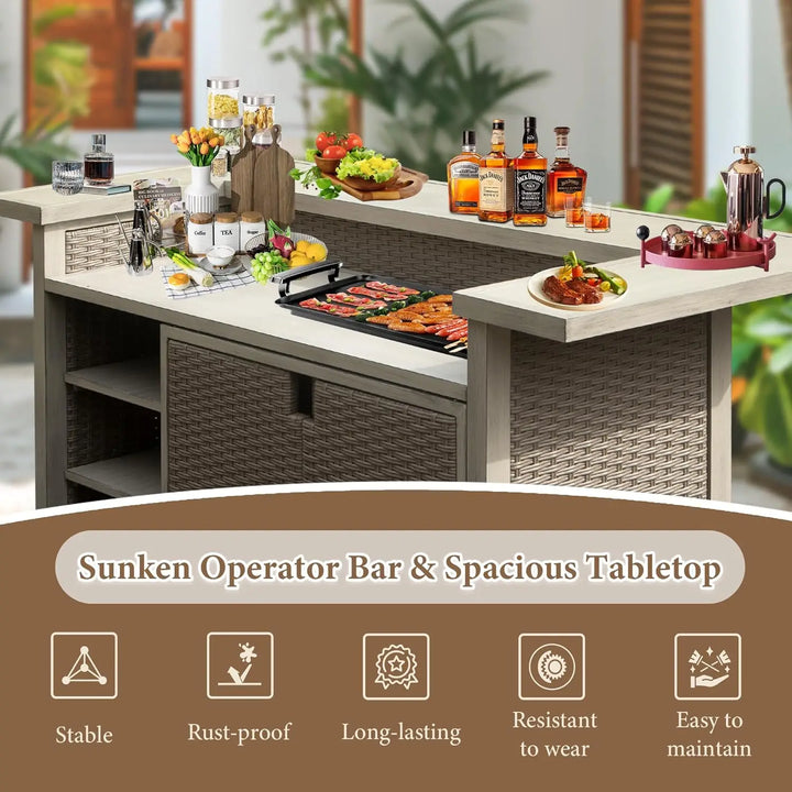 Domi Outdoor Aluminum PE Wicker Patio Bar Table with Cabinet &amp; Umbrella Hole – All-Weather Storage Bar Cart