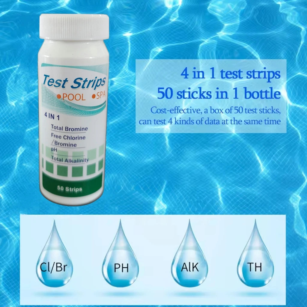4-in-1 Pool Water Test Strips | Chlorine, pH, Alkalinity &amp; Hardness | 50 Strips