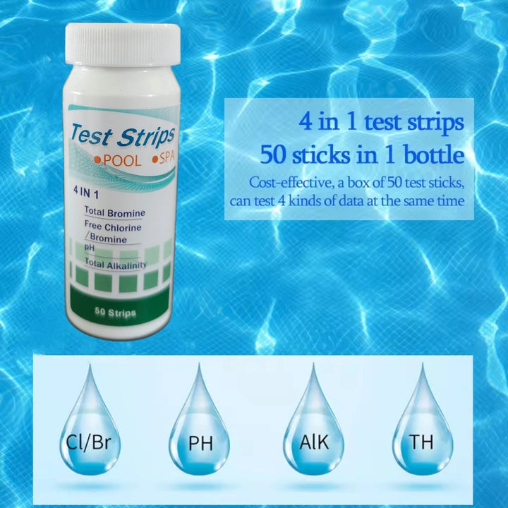 4-in-1 Pool Water Test Strips | Chlorine, pH, Alkalinity &amp; Hardness | 50 Strips