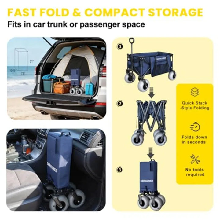 Beach Wagon for Sand with 9×4 Balloon Wheels Heavy Duty Folding Utility Cart with Side Bag Navy Blue Collapsible for Beach Camp