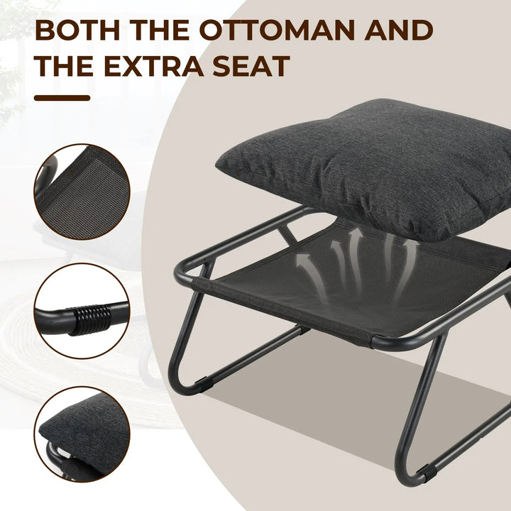 Outdoor Lounge Chair with Foot Stool, Comfy Sling Recliner Chair with Puffy Cushion and Foot Rest, Modern Patio Furniture Set