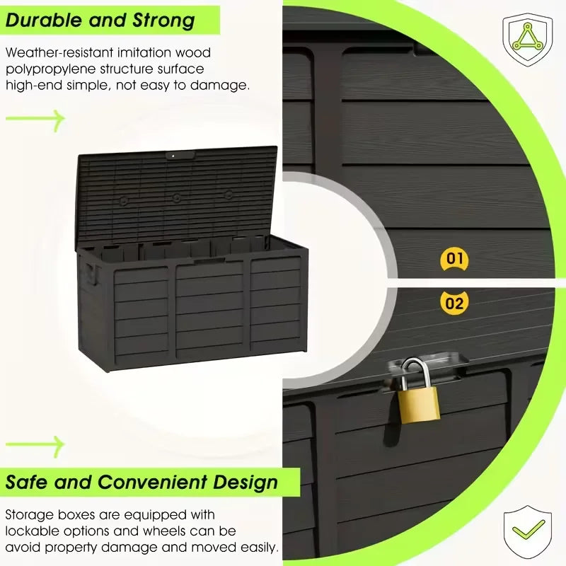 75 Gallon Large Outdoor Deck Box with Lockable Lid &amp; Heavy-Duty Hinged Door - White/Green Heavy-Duty Plastic Storage Container,