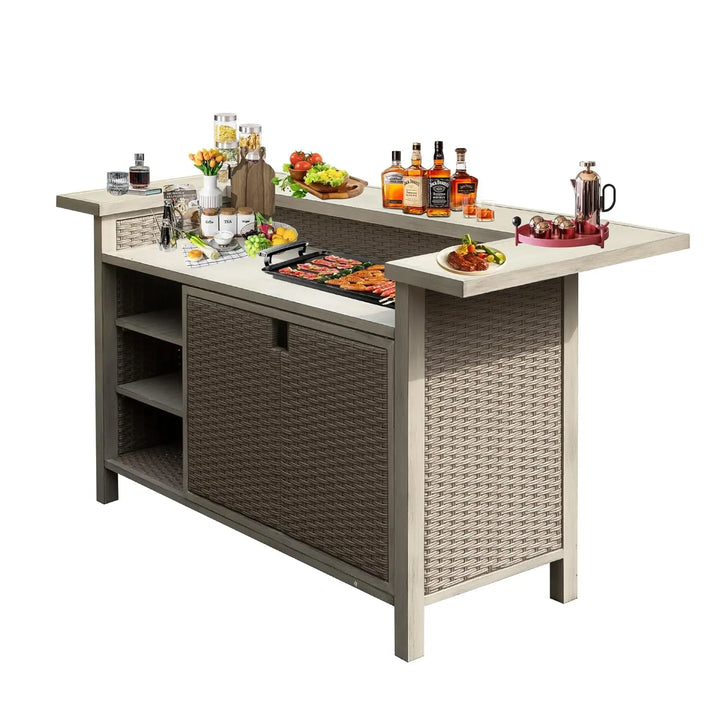 Domi Outdoor Aluminum PE Wicker Patio Bar Table with Cabinet &amp; Umbrella Hole – All-Weather Storage Bar Cart