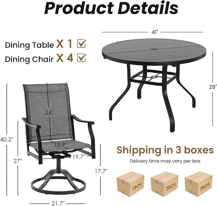 Patio Dining Set for 4, 5-Piece Round Outdoor Set with 4 Swivel Chairs &amp; 41" Table, 1.57" Umbrella Hole, for Poolside, Backyard