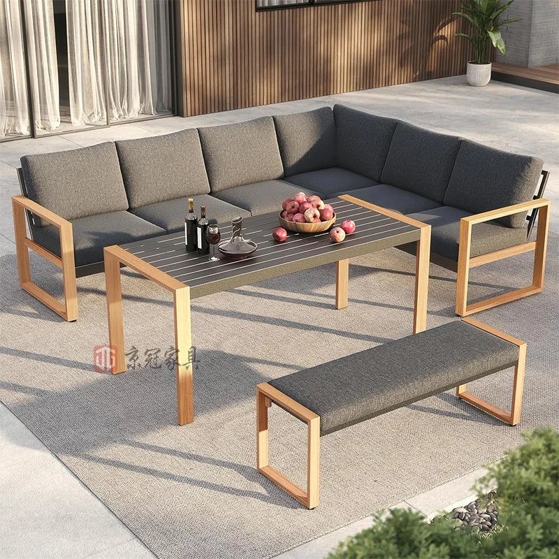 4-Piece Modern Aluminum Patio Furniture Set, Faux Wood Grain Finish Frame Sofa with Removable Extra Thick Cushions and Coffee Table