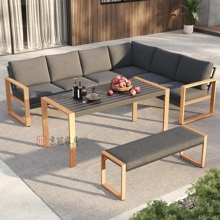 4-Piece Modern Aluminum Patio Furniture Set, Faux Wood Grain Finish Frame Sofa with Removable Extra Thick Cushions and Coffee Table