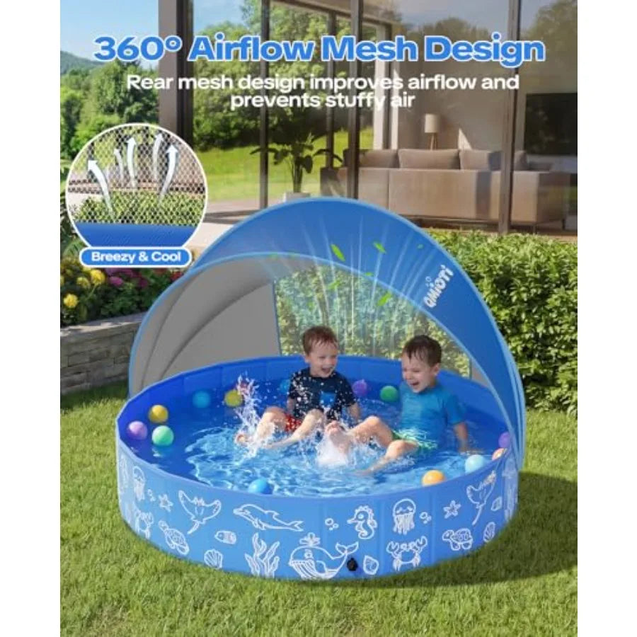 63in Kiddie Pool with Canopy for backyard, beach, outdoor summer water play; PVC material, blue; foldable, portable, non-slip b