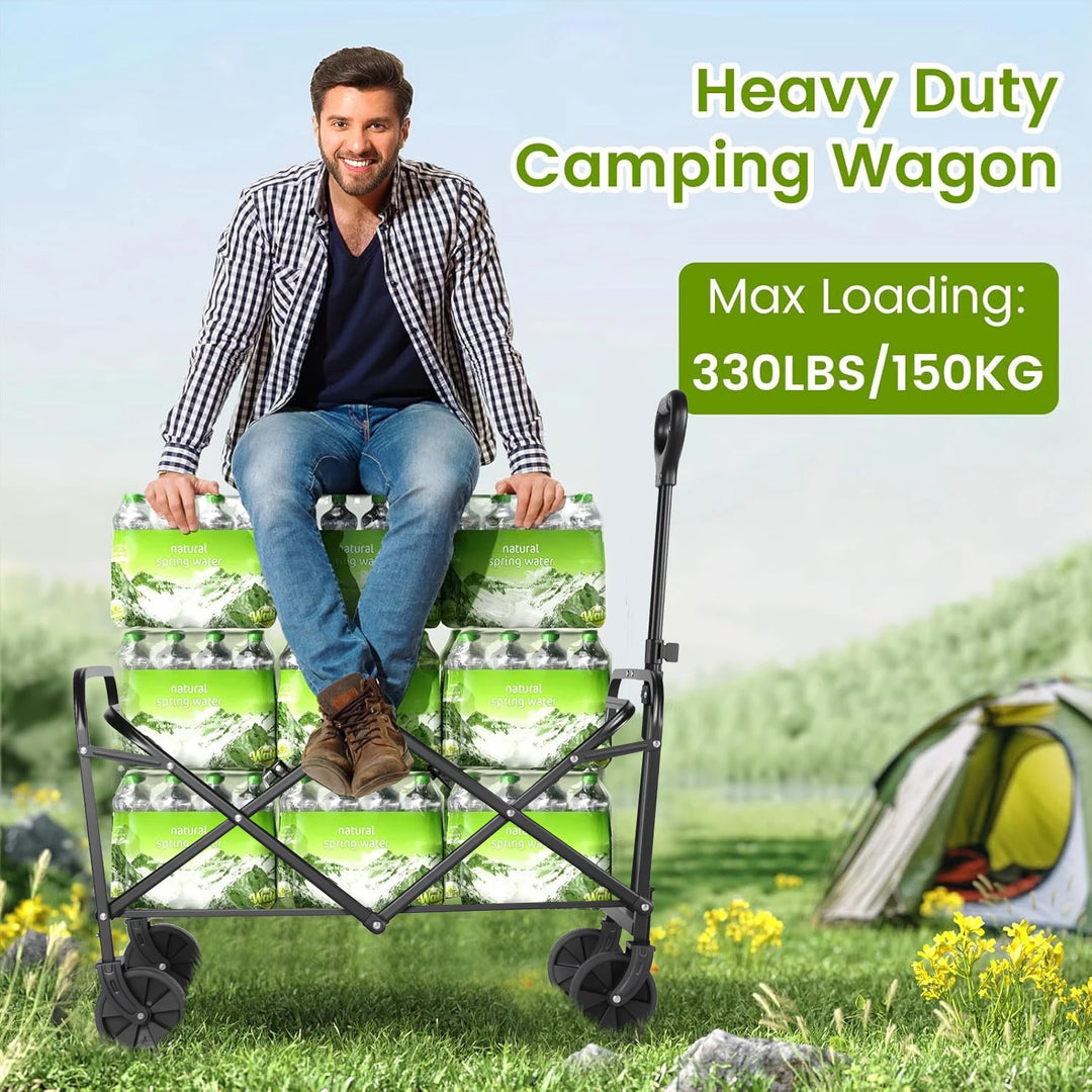 Heavy Duty Wagon Carts Foldable, Portable Wagons for Groceries, Beach Cart with All-Terrain Wheels  Drink Holders, Utility Wagon