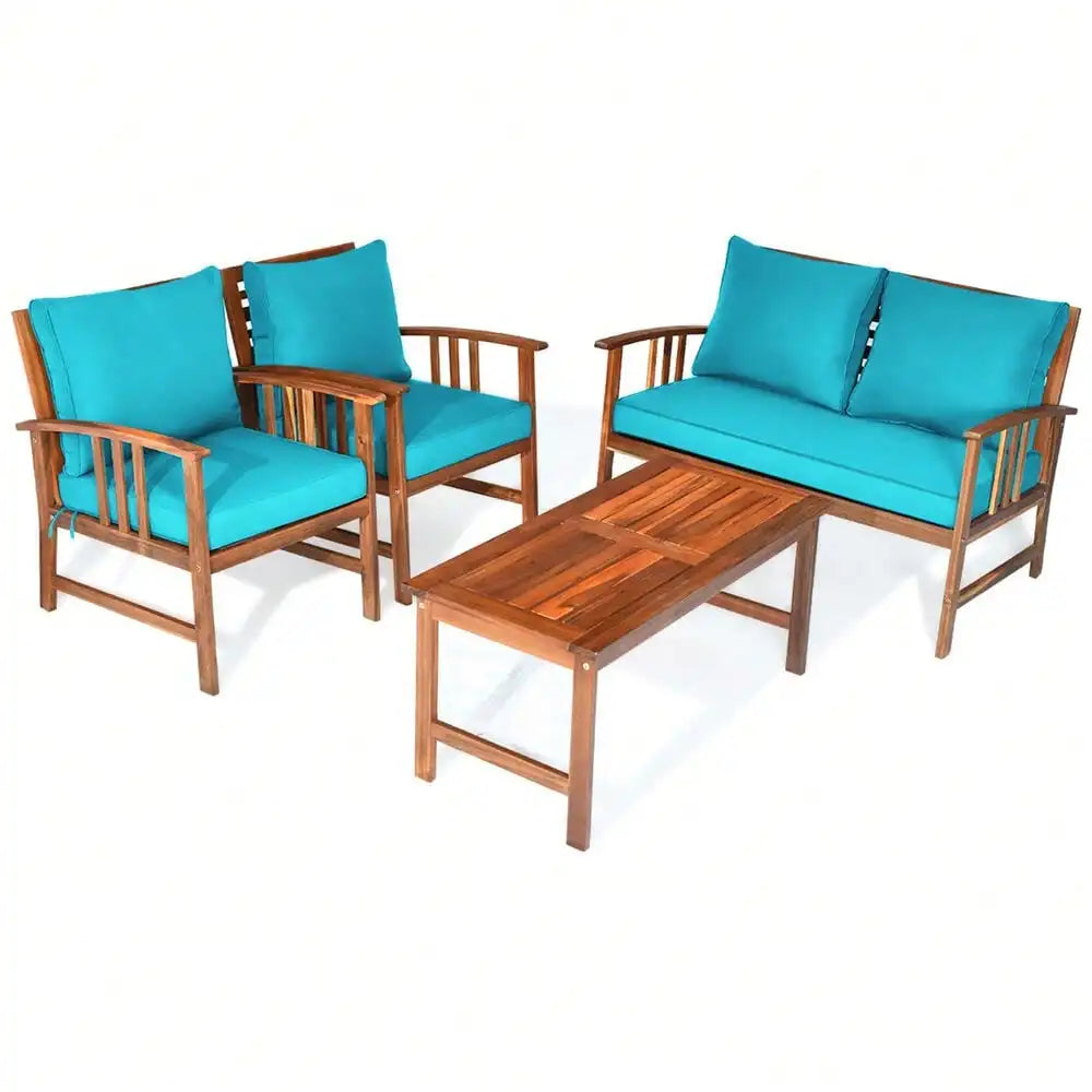 4pcs Wooden Patio Furniture Set Table &amp; Sectional Sofa w/ Turquoise Cushion