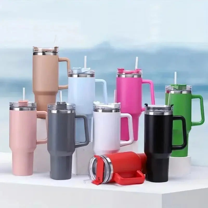 40oz Insulated Tumbler with Handle &amp; Straw, 1200ML Travel Coffee Cup-0