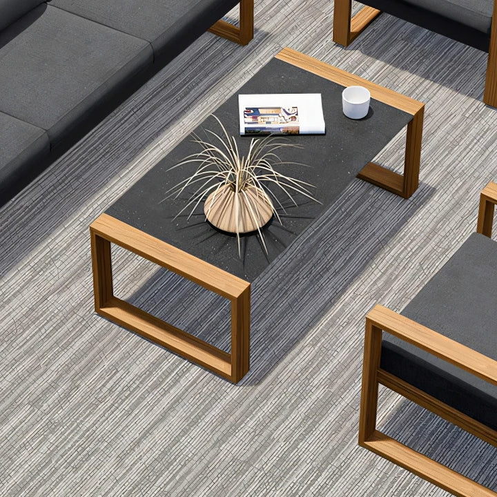 4-Piece Modern Aluminum Patio Furniture Set, Faux Wood Grain Finish Frame Sofa with Removable Extra Thick Cushions and Coffee Table