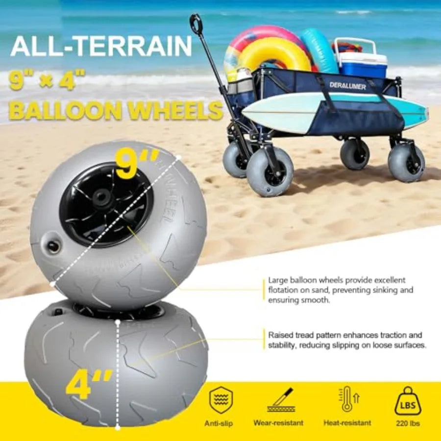 Beach Wagon for Sand with 9×4 Balloon Wheels Heavy Duty Folding Utility Cart with Side Bag Navy Blue Collapsible for Beach Camp