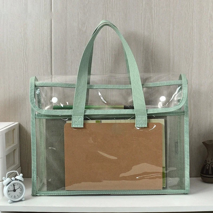 Clear Transparent PVC Tote Bag Large Capacity Waterproof Mesh Pocket Reinforced Handle for School Commute Beach