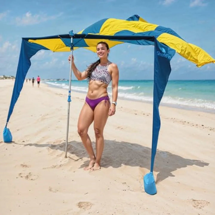 Shark Fin Shade Beach Tent — UPF 50+ Windproof Sun Canopy for 1–8 People | No Assembly Required | 3–30 MPH Wind Rated