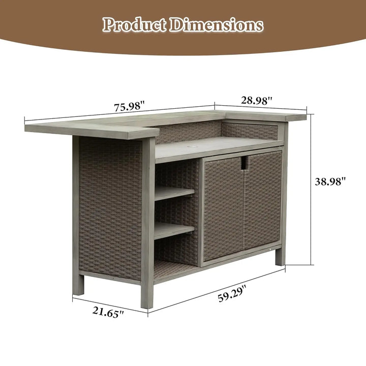 Domi Outdoor Aluminum PE Wicker Patio Bar Table with Cabinet &amp; Umbrella Hole – All-Weather Storage Bar Cart