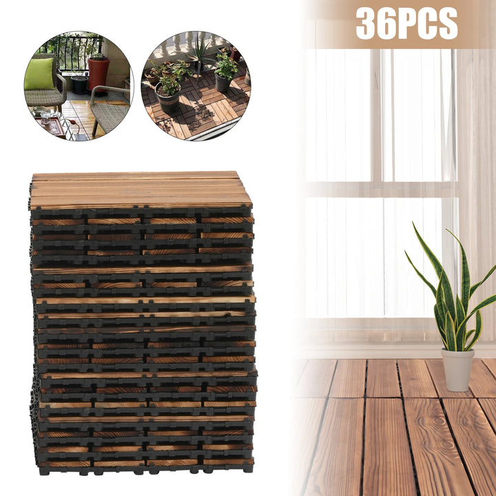 36-Pack Interlocking Wood Patio Deck Tiles — 12" x 12" Outdoor Hardwood Flooring Tiles | Brown