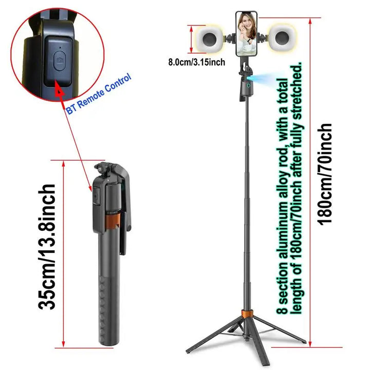 360° Rotatable Selfie Stick Tripod – Smart Face Tracking with Dual Fill Lights &amp; Bluetooth Remote