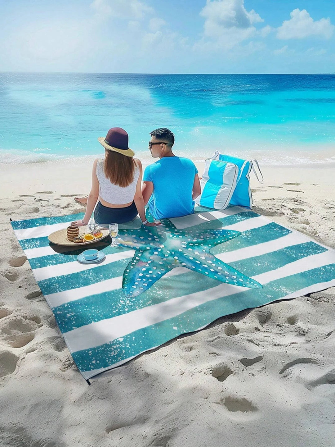 Blue Starfish Striped Beach Towel — Quick Dry Microfiber | 31" x 63"