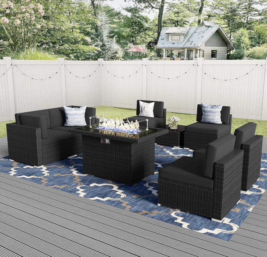 8-Piece Patio Furniture Set with 44" Propane Gas Fire Pit Table — Outdoor Wicker Sectional Sofa &amp; Coffee Table | Black