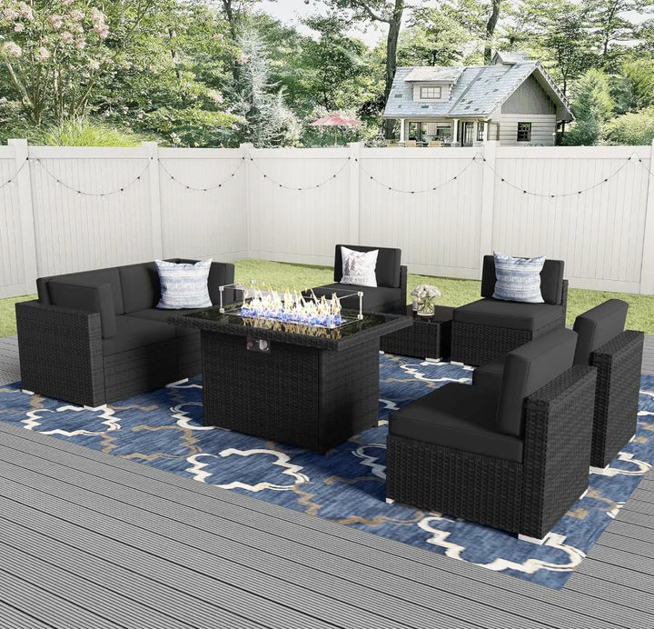8-Piece Patio Furniture Set with 44" Propane Gas Fire Pit Table — Outdoor Wicker Sectional Sofa &amp; Coffee Table | Black